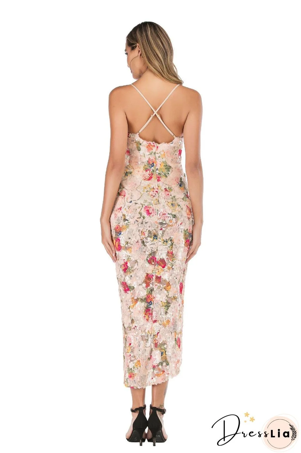 Digital Printed Asymmetrical Hem Sequined Dress