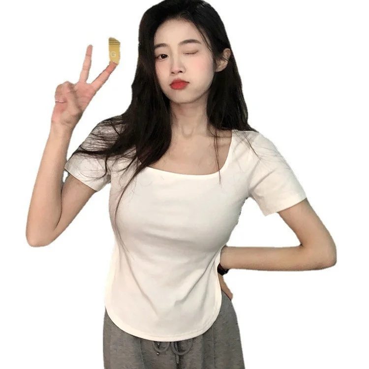 Uveng Uveng 2024 New Pure Desire Wind Big U-Collar Hot Girl Top Show Slim Slim Irregular Short-Sleeved T-Shirt Female Ins