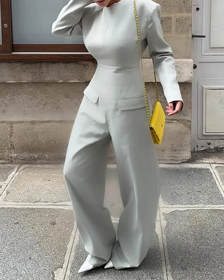 Round neck solid color jumpsuit