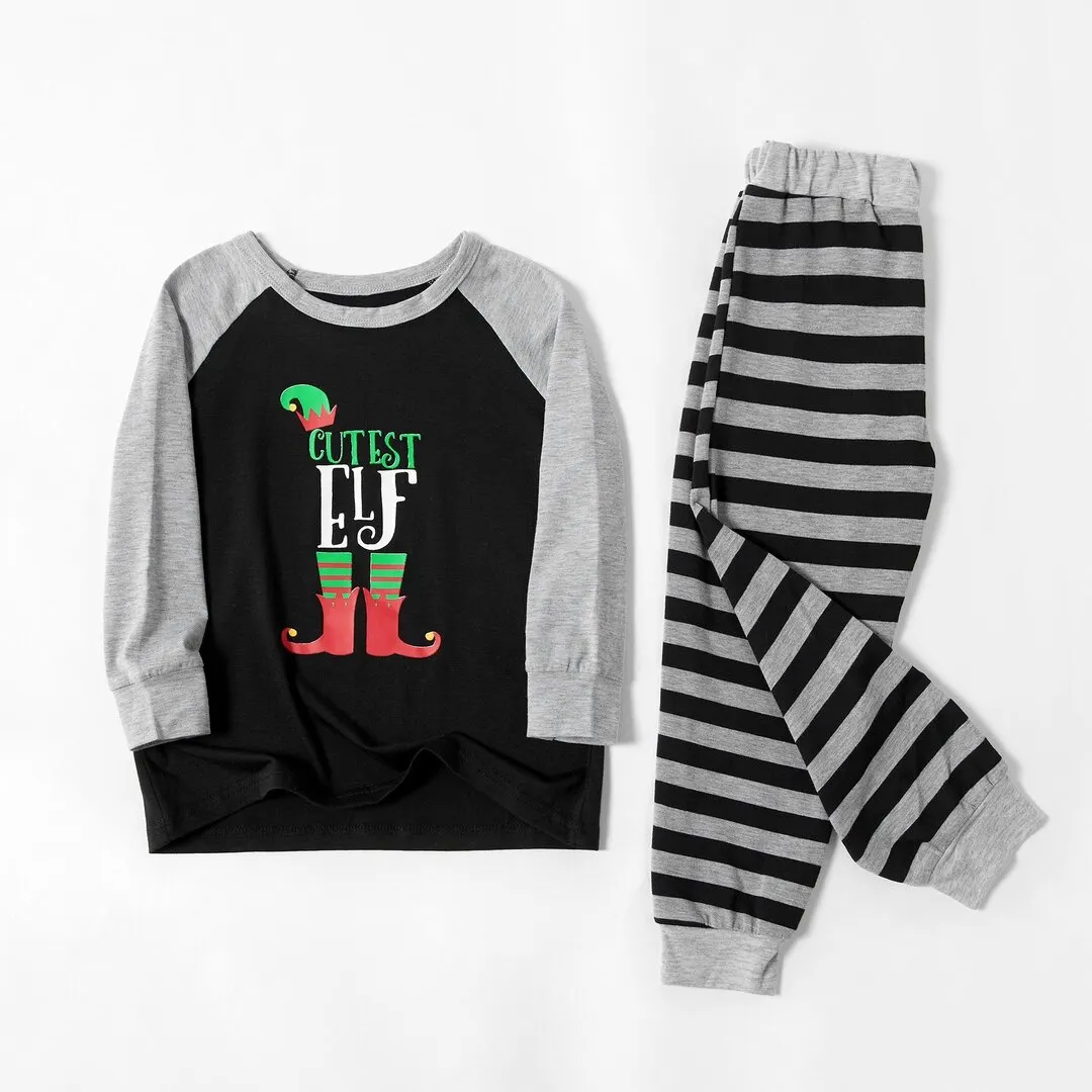Family Matching 'CUTEST Elf' Striped Christmas Pajamas Set