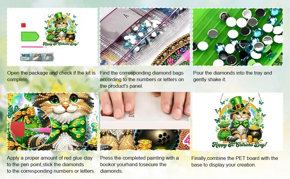St Patricks Day Cat DIY 2D Flat Acrylic Diamond Painting Kits 5D Diamond Art Painting Window Pendants for Home Garden Wall Decoration
