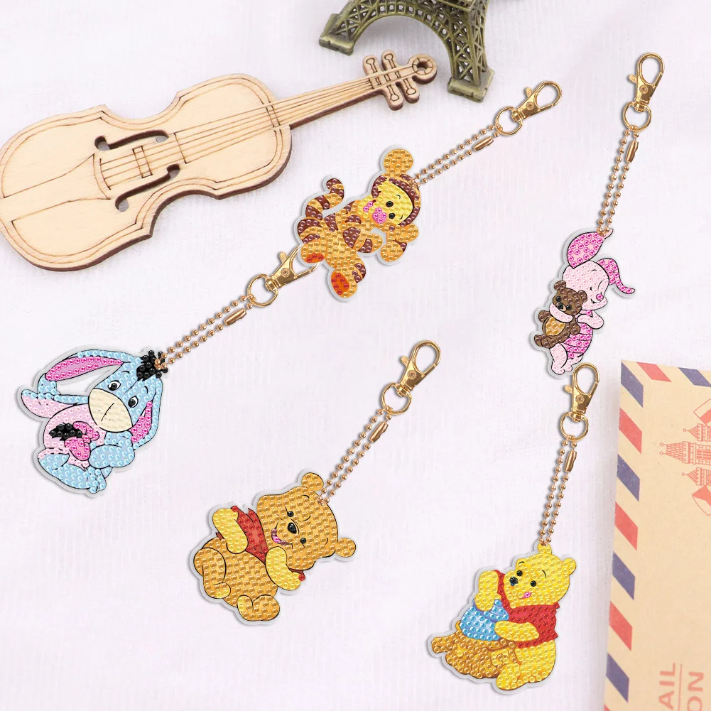 5pcs Winnie-the-Pooh DIY Diamond Art Key Rings Cartoon Keychain Supplies Gift for Kids(Double Sided)