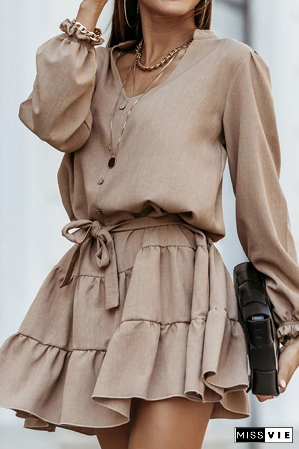 Fashion Elegant Solid Frenulum Flounce V Neck A Line Dresses