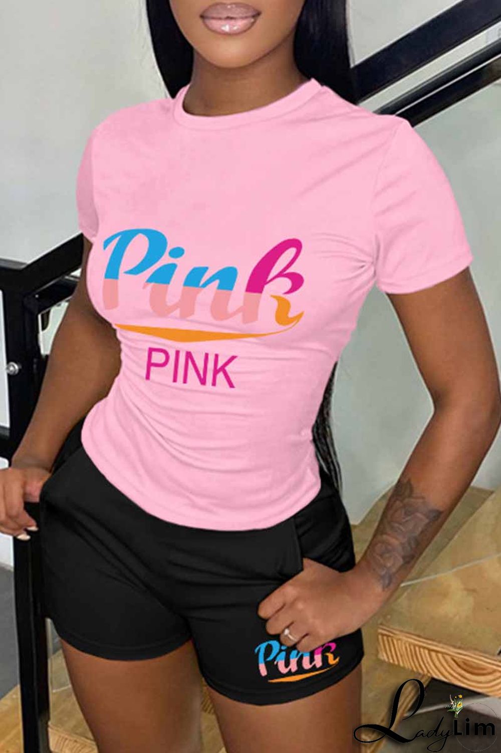 Pink Casual Print Letter O Neck Short Sleeve Two Pieces