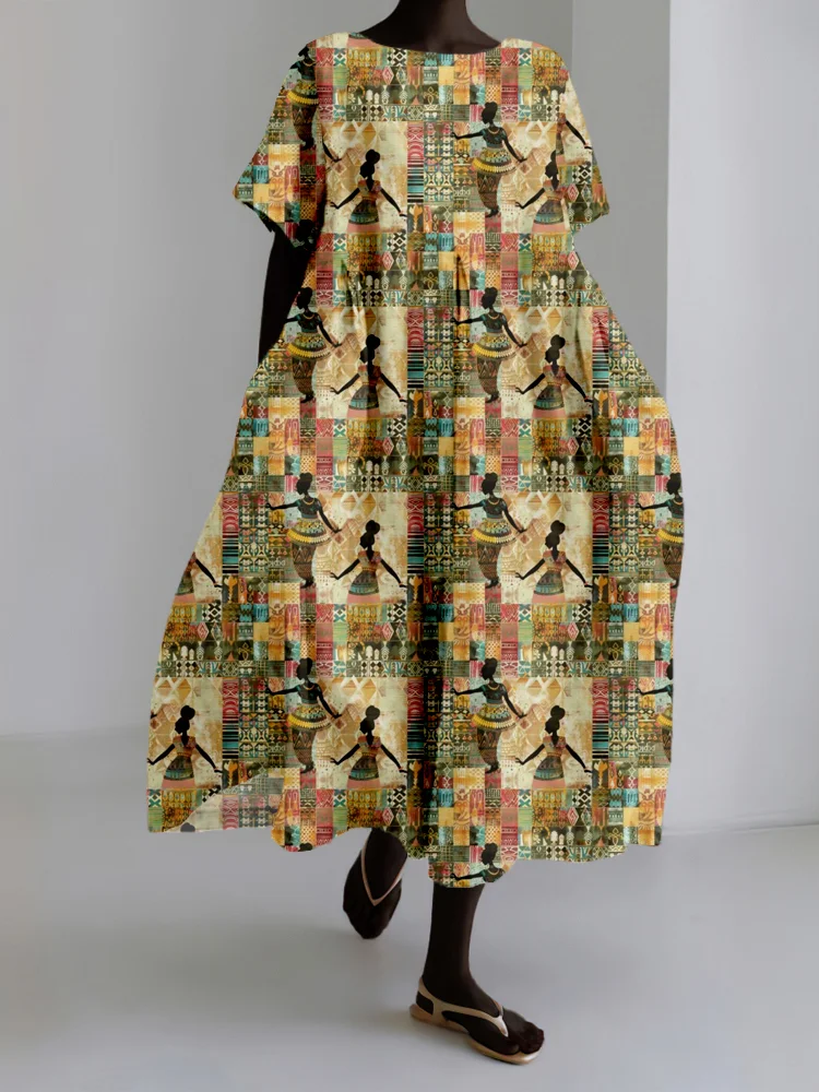 African Fashion Diva Patchwork Graphic Linen Blend Maxi Dress