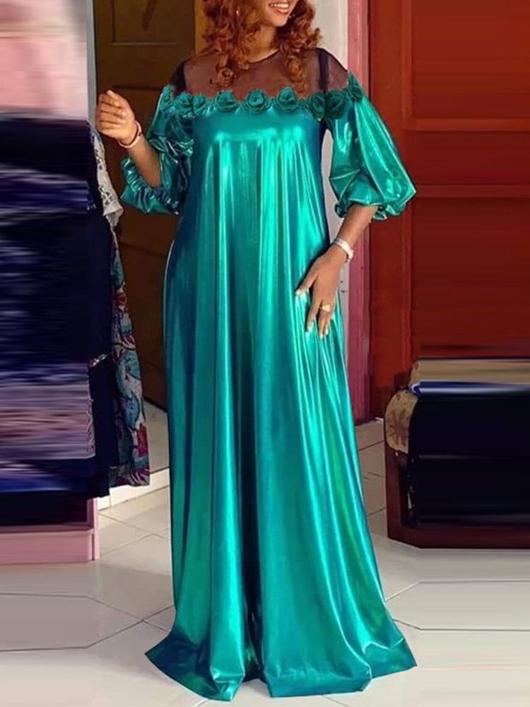 Large size stitching satin round neck long sleeves A-line women's dress SKUI78036 QueenFunky