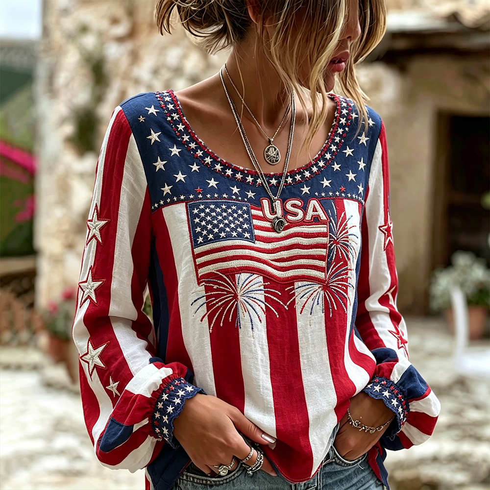  Women's Fireworks And Flag Embroidered Art Cotton Linen Striped V-neck Long Sleeve Top Westsshops