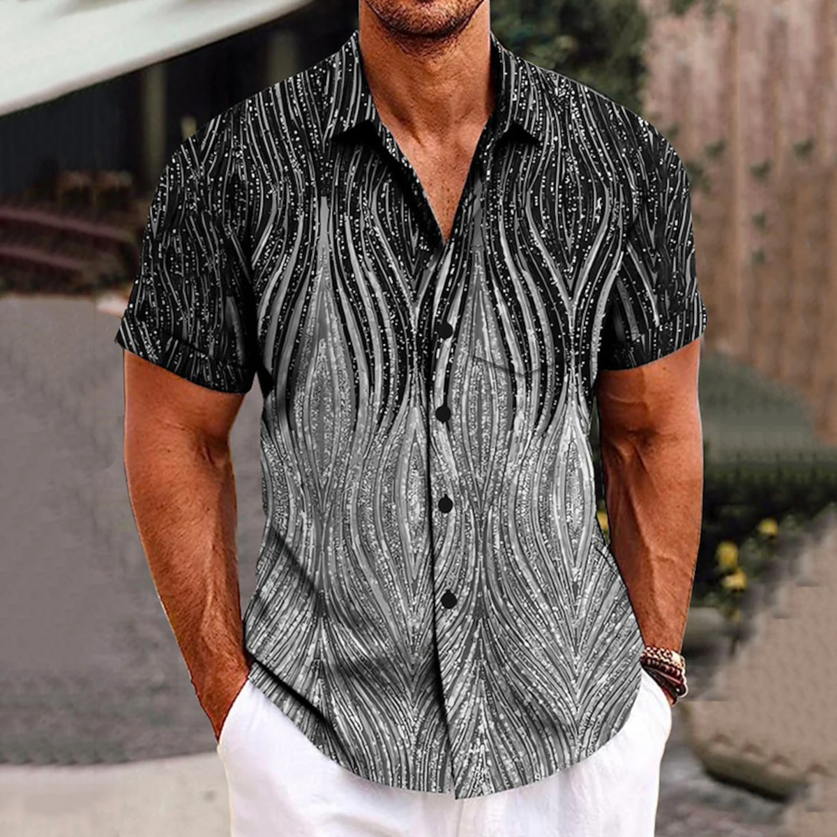 Vintage 50's Retro Medieval Geometric Men's Quick-drying Stretch Dark Gray Gradient Art Short Sleeve Shirt