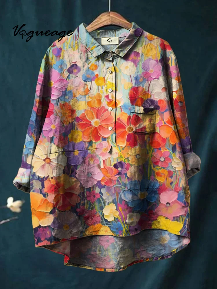 Colorful Plants And Flowers Printed Cotton And Linen Shirt