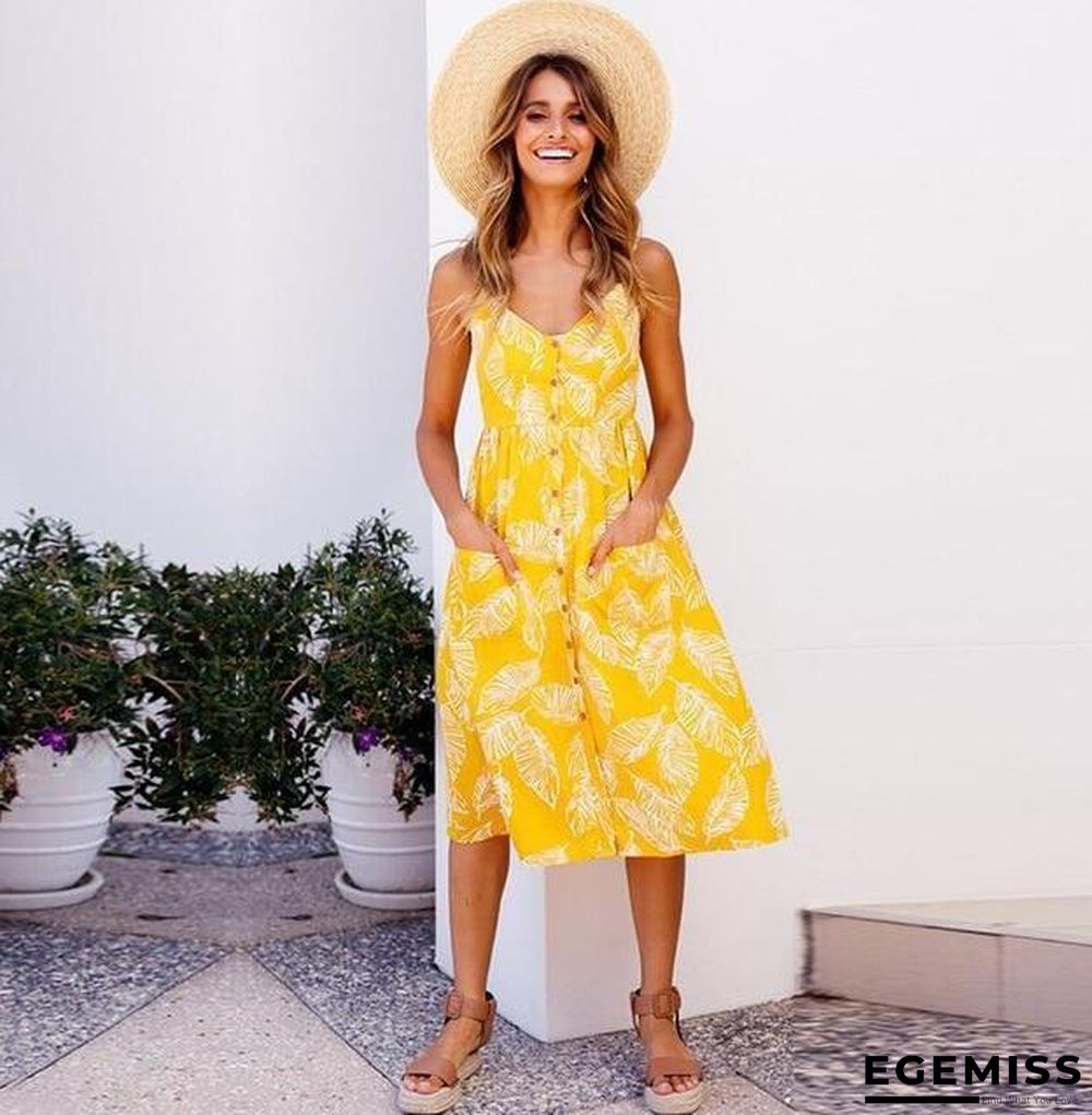 Casual Vintage Sundress Boho Sexy Midi Button Backless Striped Floral Beach Dress Black Dresses | EGEMISS