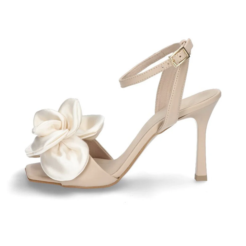 Women's Beige Ankle Strap Flared High Heels Sandals with Flower