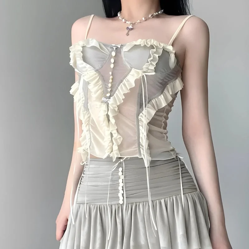 Brownm Ruffled Mesh Corset Top