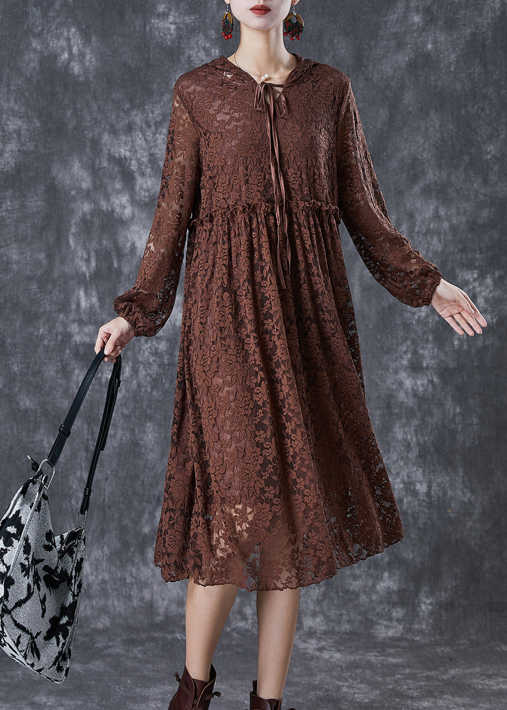 VCSHOES Chocolate Ruffled Hollow Out Lace Long Dresses Fall
