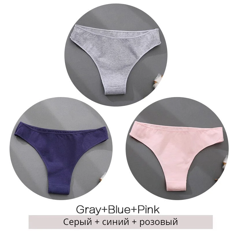 FINETOO 3Pcs/set Cotton Brazilian Panties M-2XL Women Underwear Ladies Soild Color T-back Underpants Sexy Low-rise Panty 2021