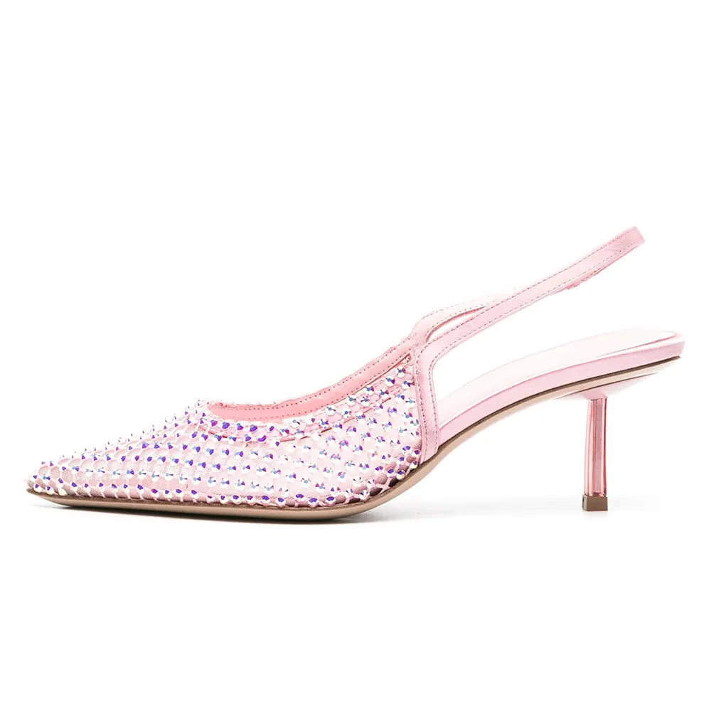 YDN Sparkly Pink Rhinestone Mesh Pointed Toe Slingback Heels