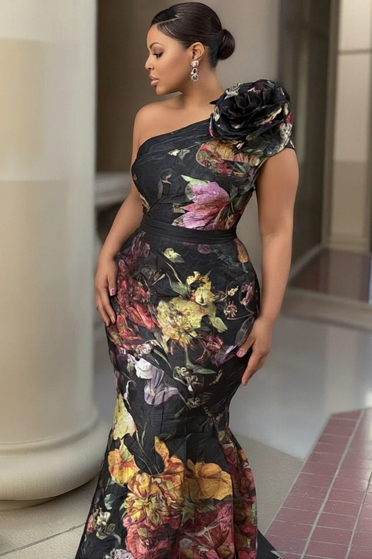 Xpluswear Design Plus Size Formal Black Floral Oblique Collar 3D Elegant Mermaid Satin Maxi Dresses [Pre-Order]