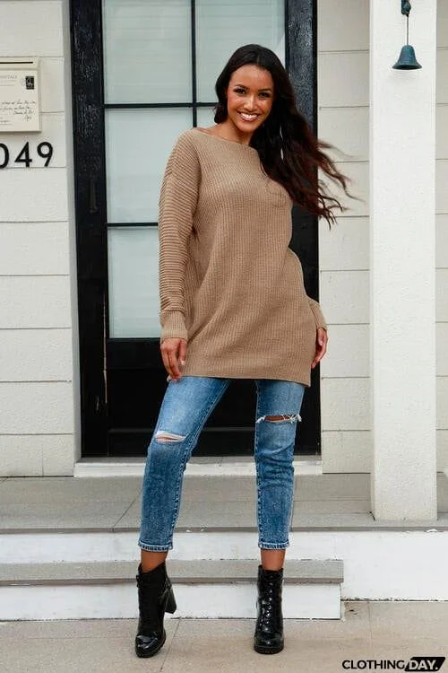 Boat Neck Dropped Shoulder Sweater