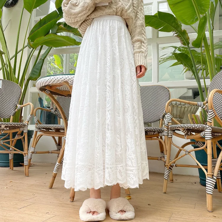 Elegant High Waist court Lace embroidery Skirt