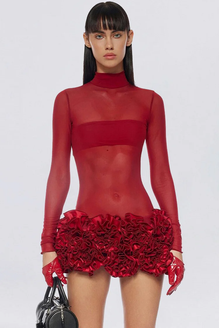 Mesh See-Through 3D Floral Hem Mini Dress-Red