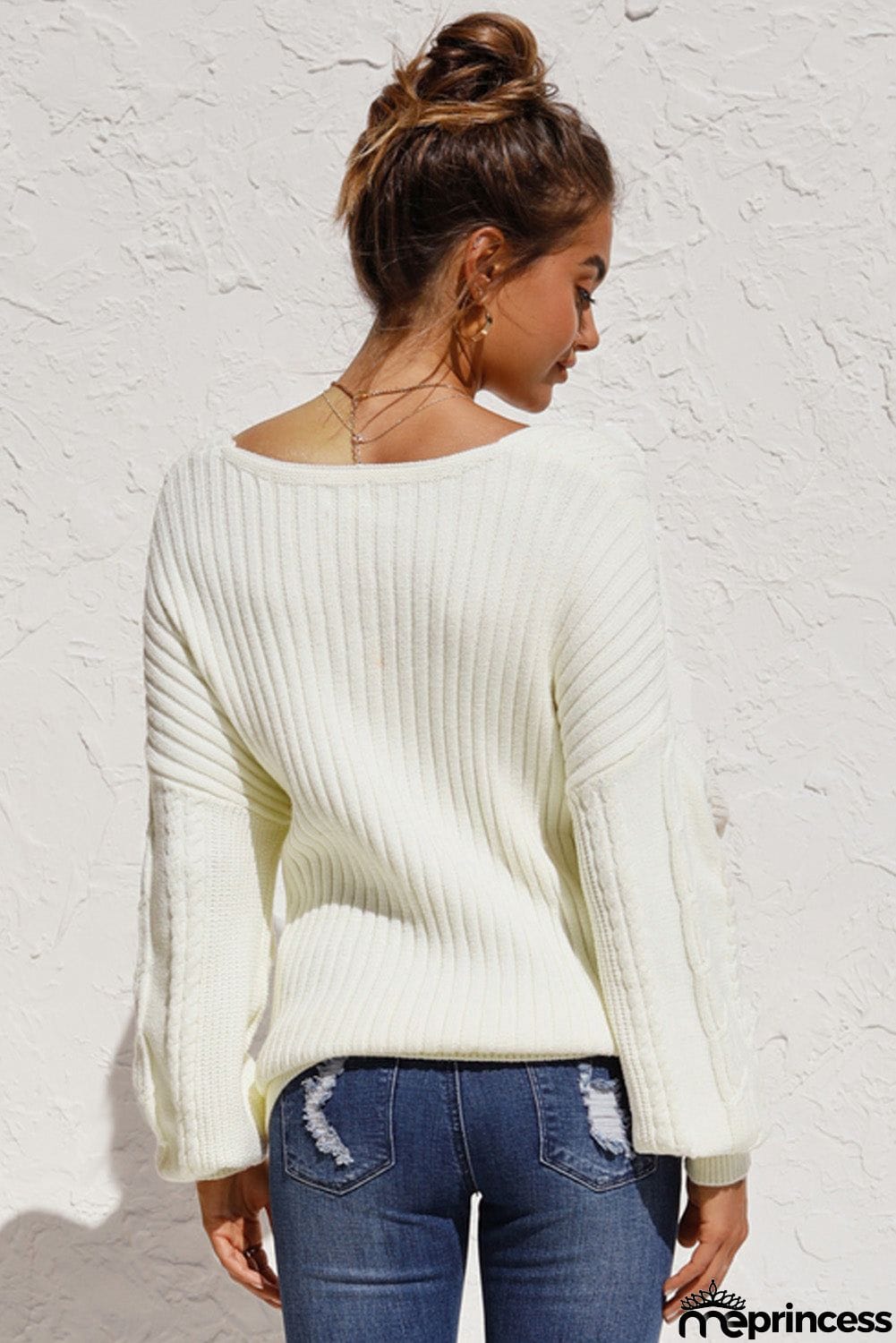 Beige Wrap V Neck Lantern Sleeve Textured Sweater