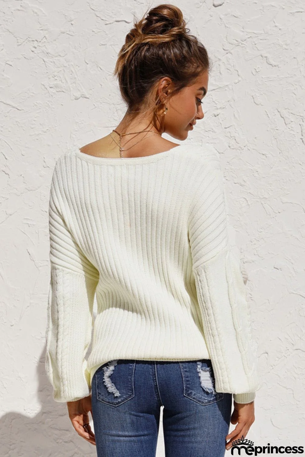 Beige Wrap V Neck Lantern Sleeve Textured Sweater