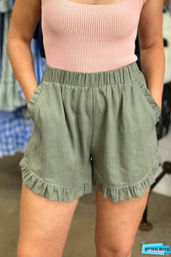 Elastic Waist Wide Leg Ruffle Cotton Linen Shorts