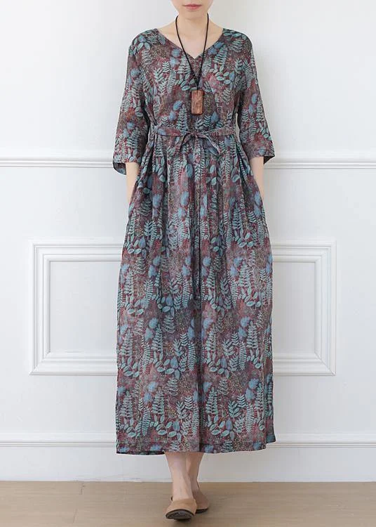 Casual Print Linen Dress V Neck Half Sleeve Spring Dress