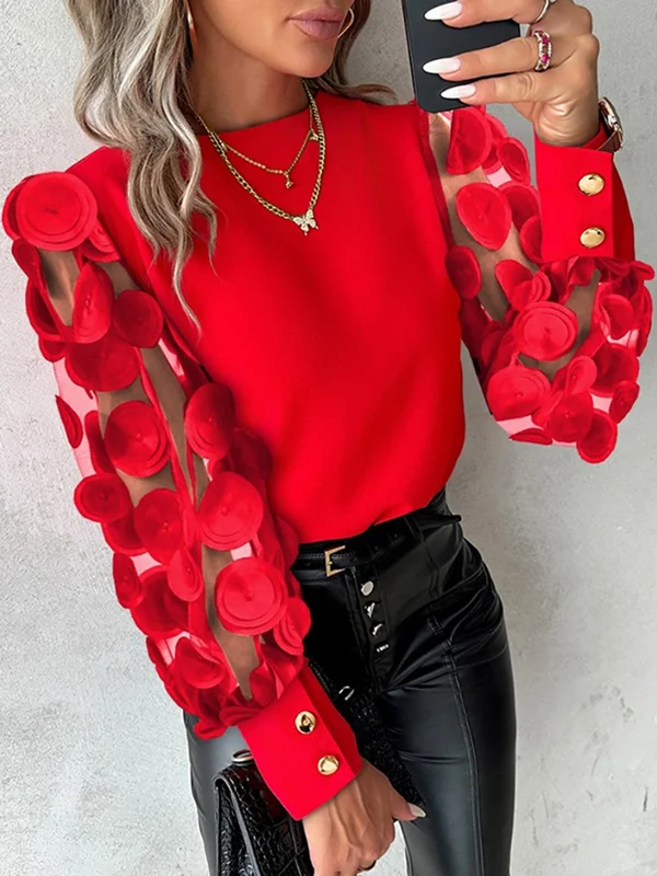 Split-Joint Solid Color Polka-Dot Mesh Loose Long Sleeves Round-Neck Blouses&Shirts Tops