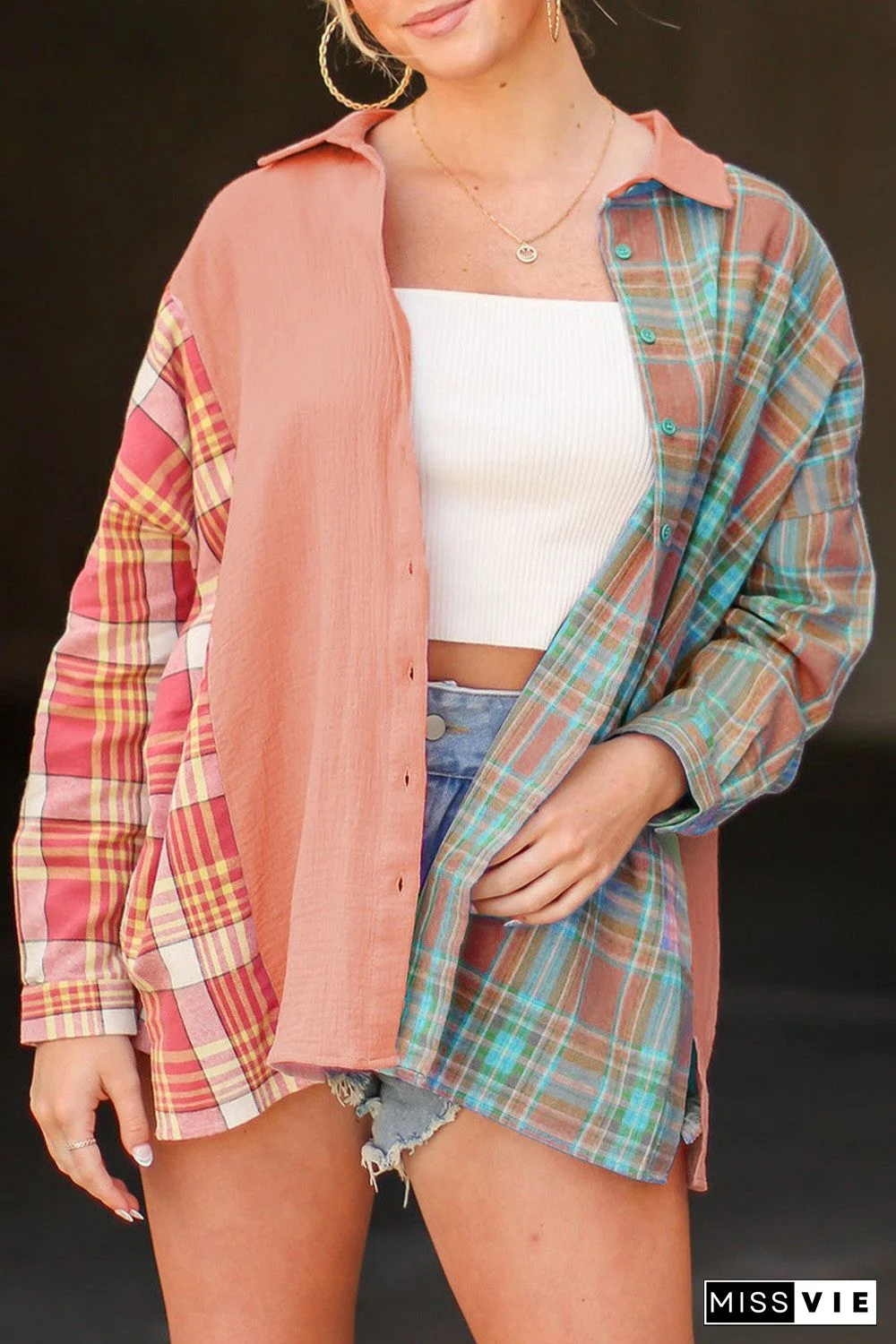 Late Goodbye Plaid Contrast Color Block Top