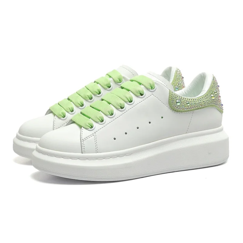 Classics Unisex Women Sneakers Lace-Up Crystal Flat Platform White Shoes Casual Round Toe Thick Bottom Chaussure Femme