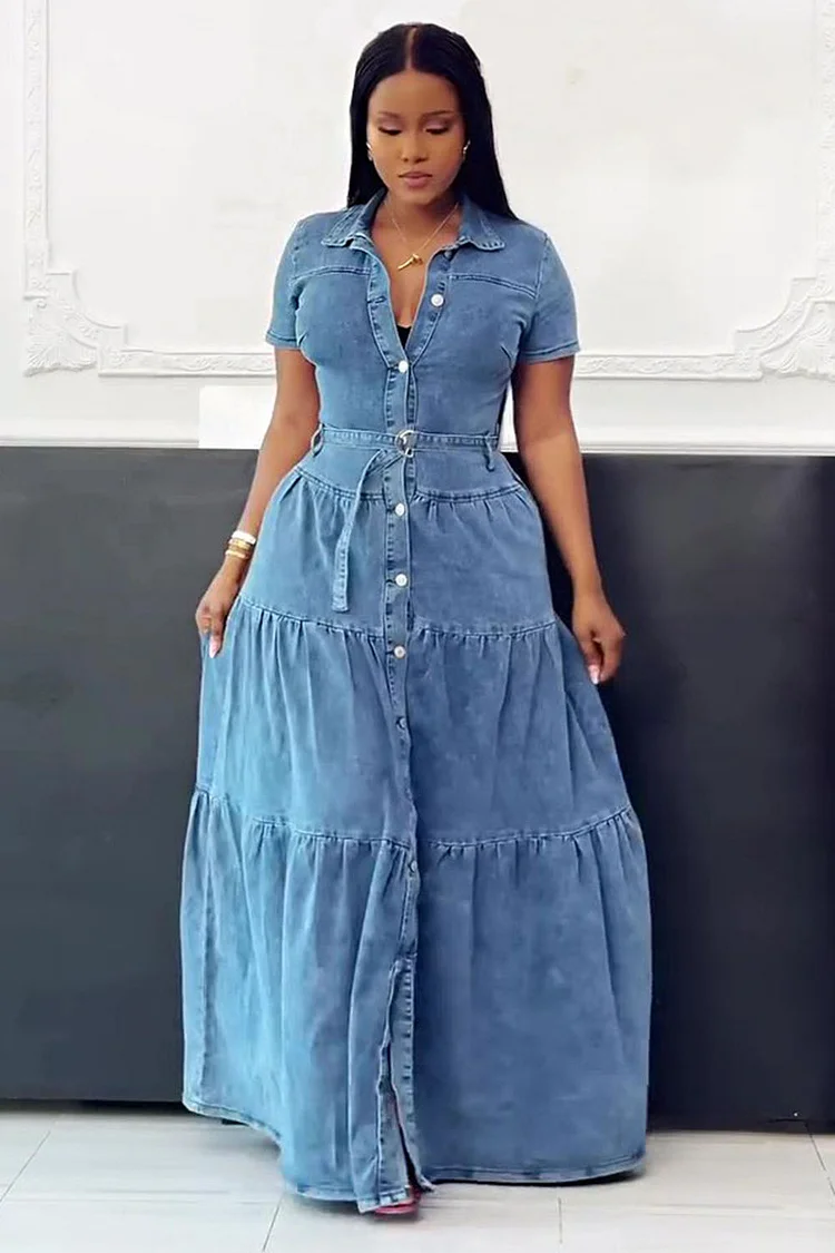 Button Up Short Sleeve Tiered Hem Daily Denim Maxi Dresses-Blue [Pre Order]