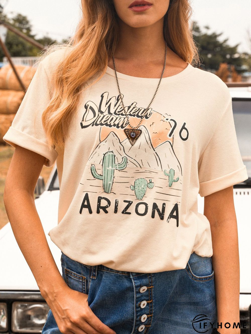 Apricot Short Sleeve Printed T-shirt | IFYHOME