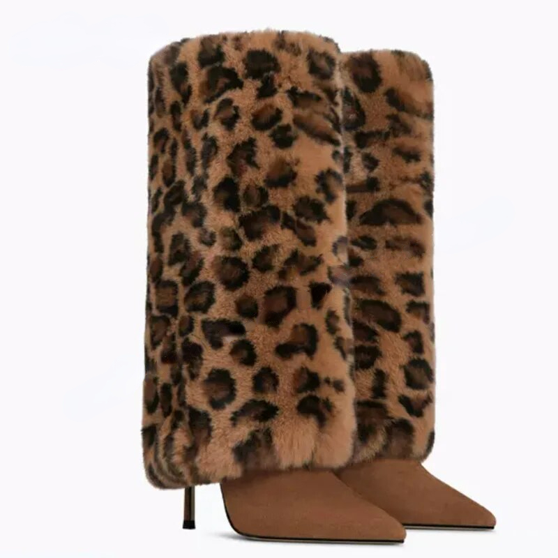 VCSHOES Brown Fur Decor Leopard Boots Mid Calf Shoes For Women Solid Stiletto Shark Botas Runway Shoes Zapatillas Mujer