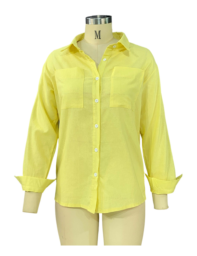 Women's Autumn Solid Color Long Sleeve Collared Cotton Linen Blouse - Ootddress