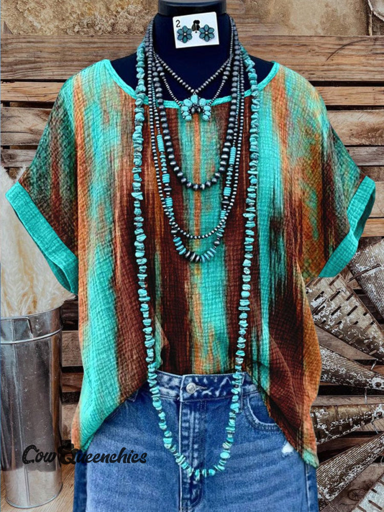 Women’s Vintage Ethnic Textured Contrasting Print Casual Cotton And Linen Shirt Multicolor / S
