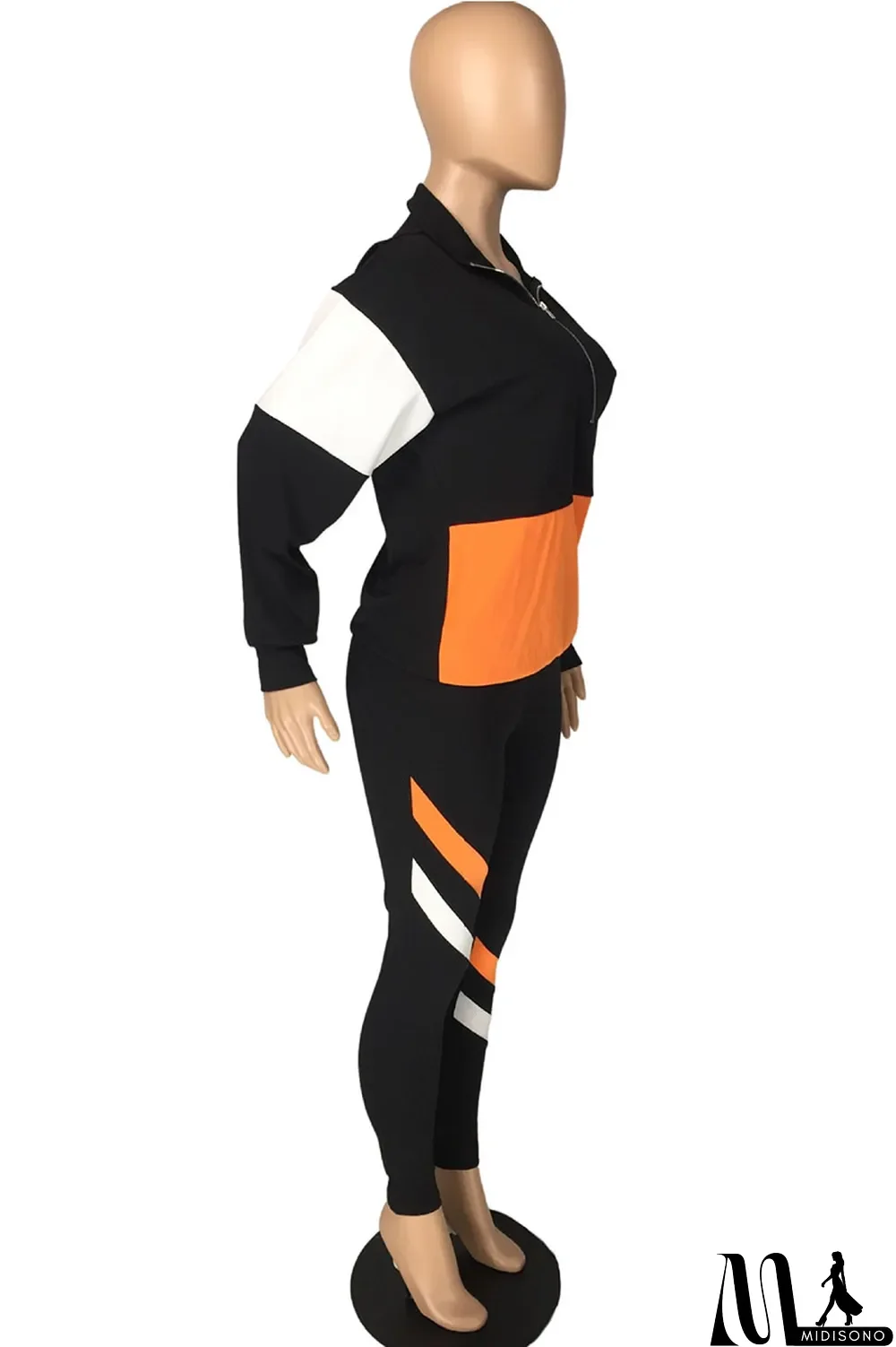 MidiSono - Fluorescent green Casual Striped Print Zippered Split Joint Mandarin Collar Long Sleeve Two Pieces