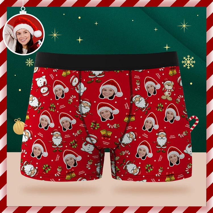 Custom Face Boxer Briefs Personalized Red Underwear Merry Christmas Gifts for Him