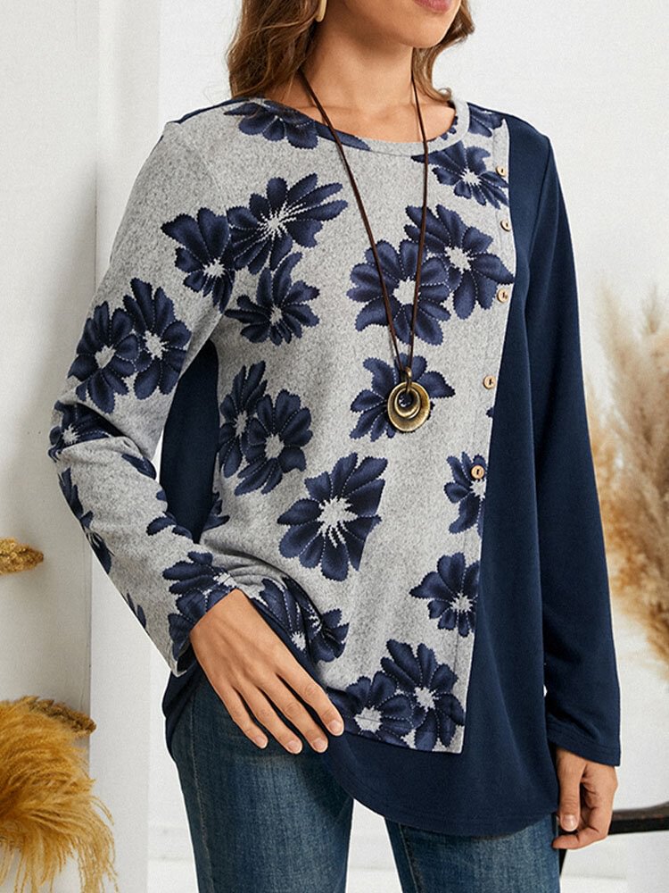 Flower Print Button Long Sleeve O-neck Sweatshirt
