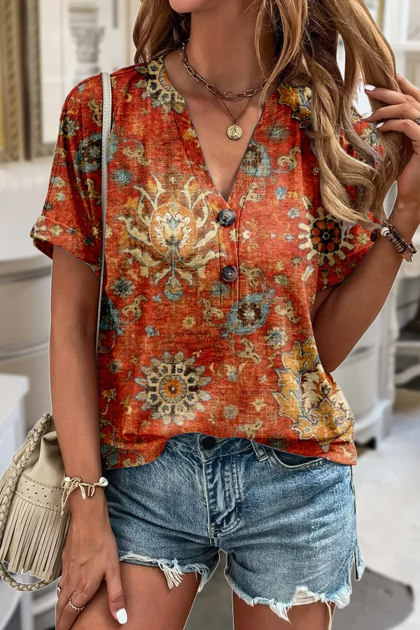 Vintage Ethnic Print V-Neck T-Shirt