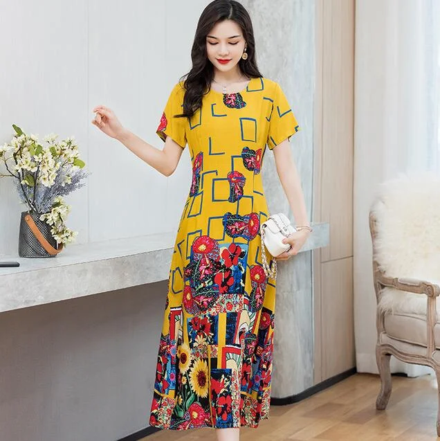 Women Summer Dress Plus Size 5XL Loose Middle-aged Mother Casual Short Sleeve Long Dress O-Neck Floral Print Cotton Dresses