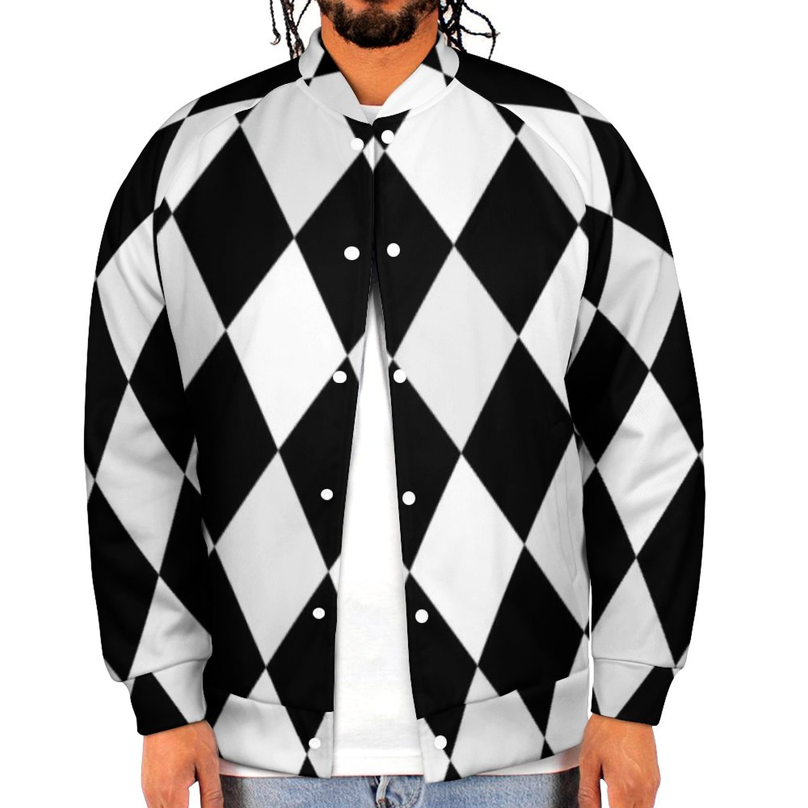 Black And White Harlequin Diamond Pattern Sweatshirt Jacket Mens Casual Lightweight Button Up Bomber Jacket Outwear