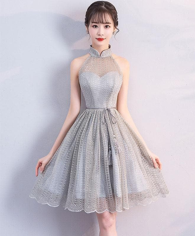 Gray High Neck Short Prom Dress, Gray Homecoming Dress
