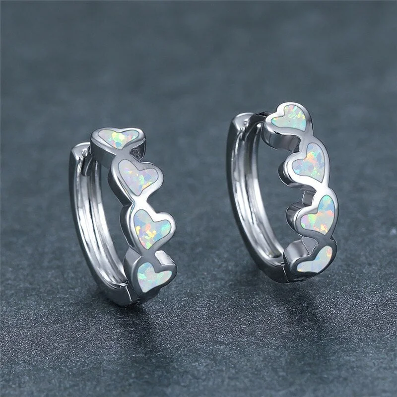 Cute Female Love Heart Hoop Earrings White Blue Opal Stone Small Earrings Vintage Gold Silver Color Wedding Earrings For Women