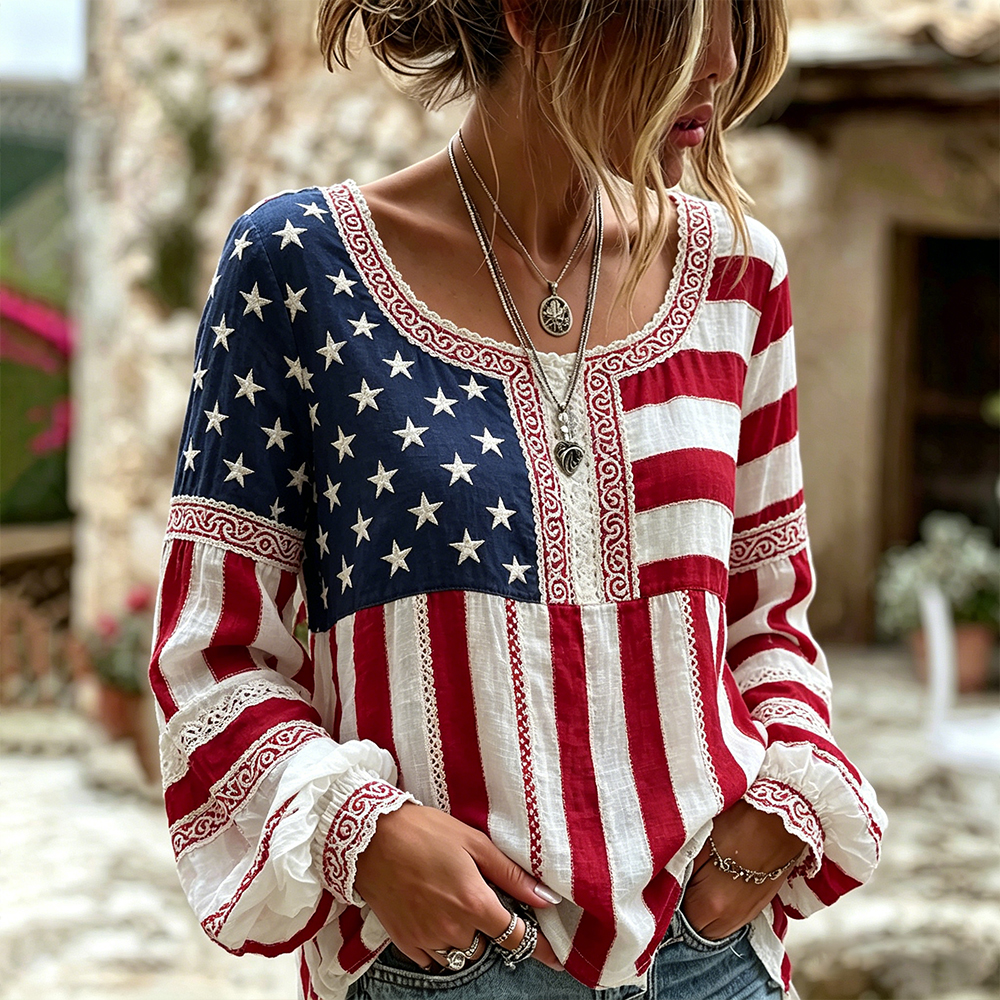  Women's Deconstructed Art Embroidery Casual Crew Neck Long Sleeve Top Westsshops