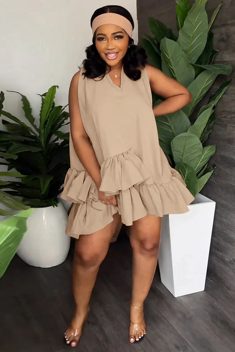 V Neck Sleeveless Tiered Ruffled Hemline Casual Mini Dress