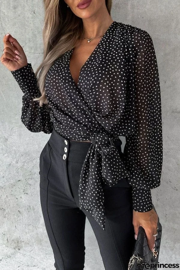 Sexy V-neck Print Tie Blouse