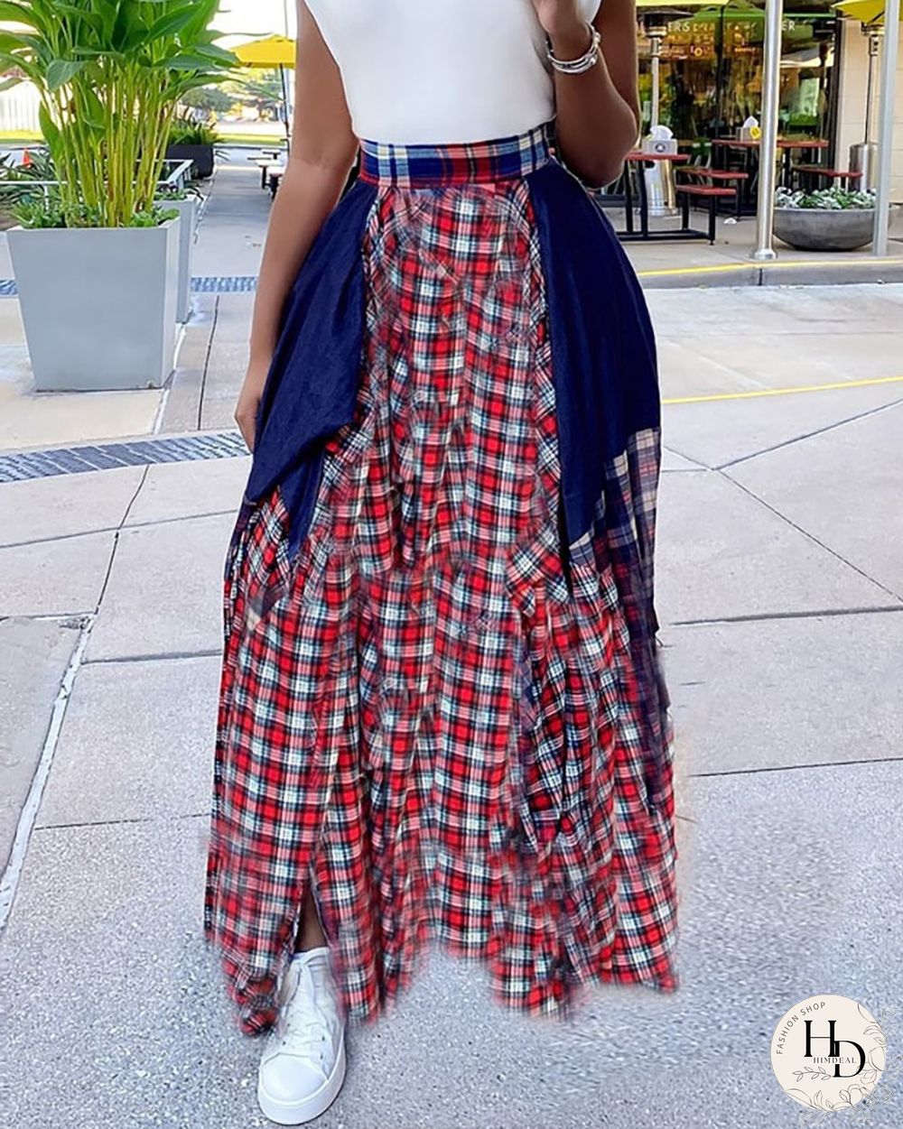 Plaid Colorblock Pleated Maxi Skirt