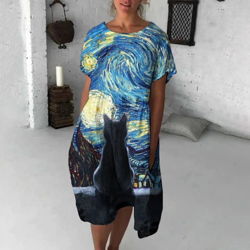 Casual Crew Neck Cat Oil Painting Print Midi Dress