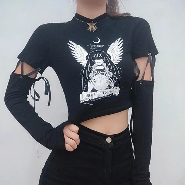 Punk Gothic Angel Print Lace Up Sweatshirt - Modakawa Modakawa
