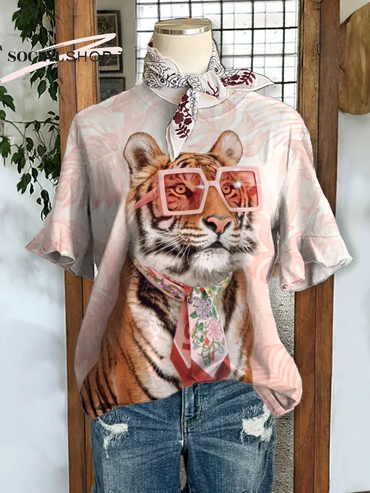 Tiger Print Crew Neck Short Sleeve Top with a Bowtie Accent socialshop